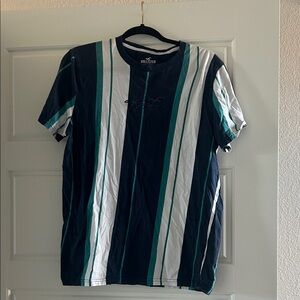 Hollister Men's Short Sleeve Shirt - Navy, Teal, and White Stripes